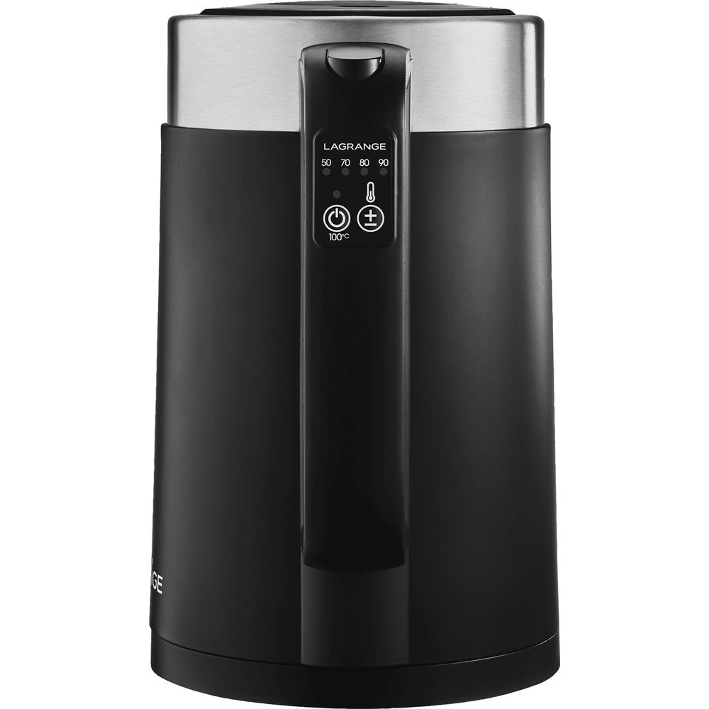Schwarzer Wasserkocher mit Edelstahleinsatz und digitaler Temperaturanzeige.