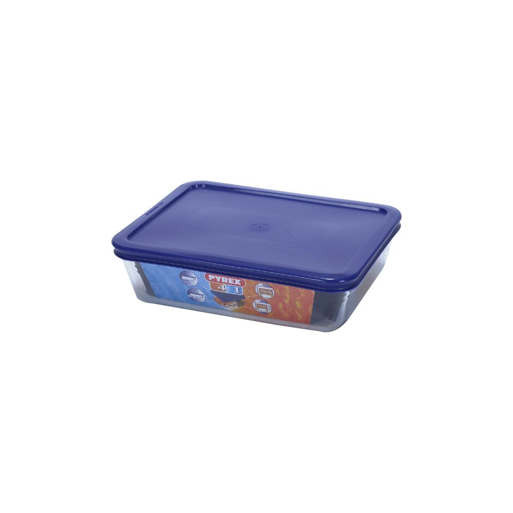Contenitore rettangolare in vetro con coperchio blu e logo Pyrex.