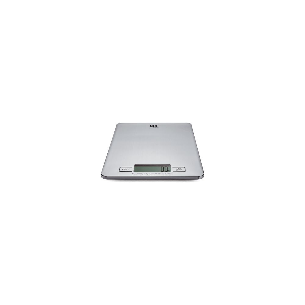 Una bilancia da cucina digitale argentata con schermo LCD che mostra 0.0.