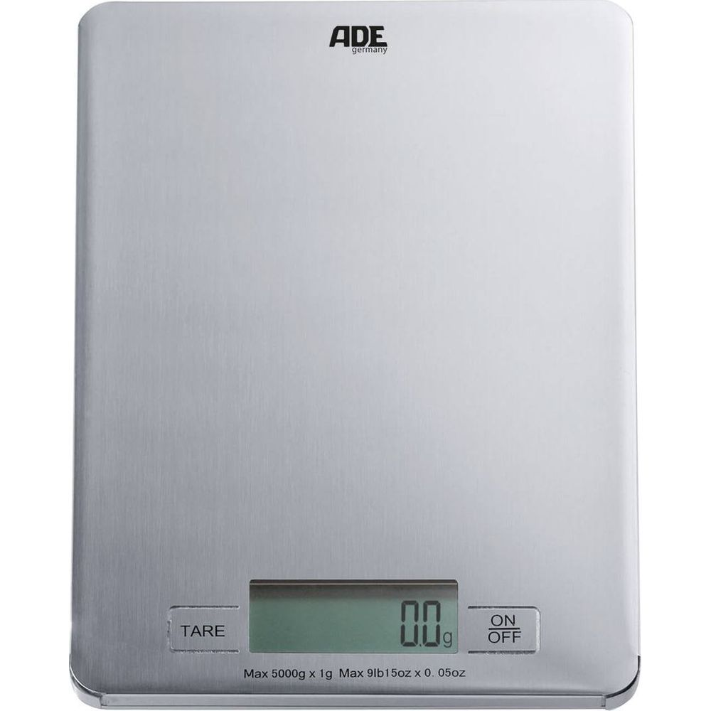 Una bilancia da cucina ADE argentata con display digitale che mostra 0,0g.