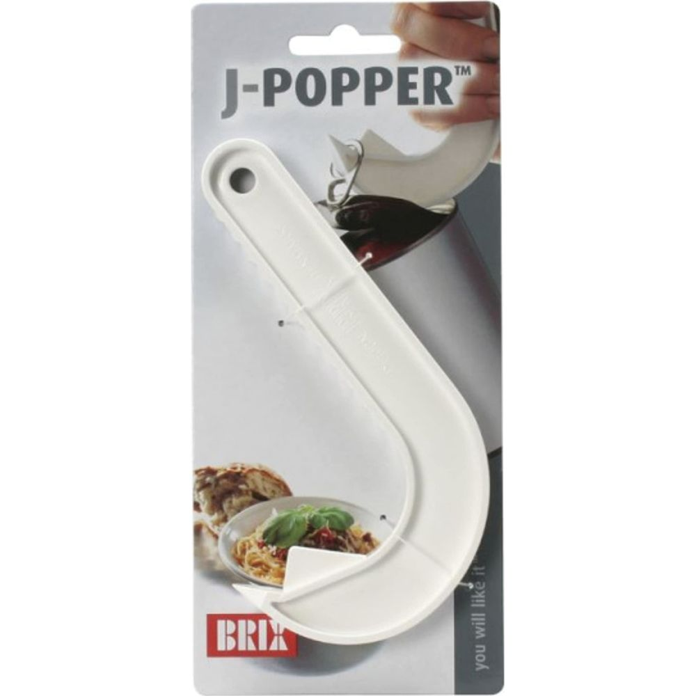 Ein weißes J-Popper-Werkzeug zum Öffnen von Dosen, mit Nudeln im Hintergrund.