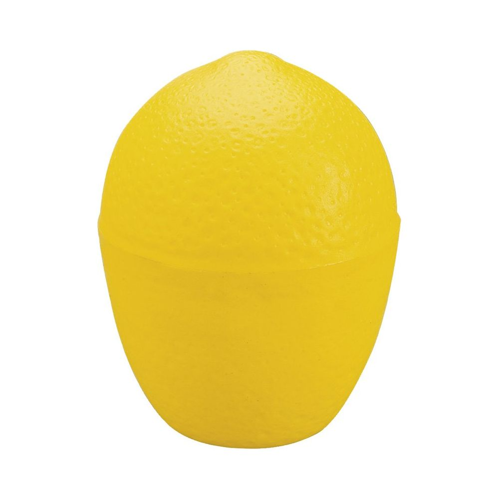 Uno spremiagrumi giallo con superficie testurizzata su sfondo bianco.
