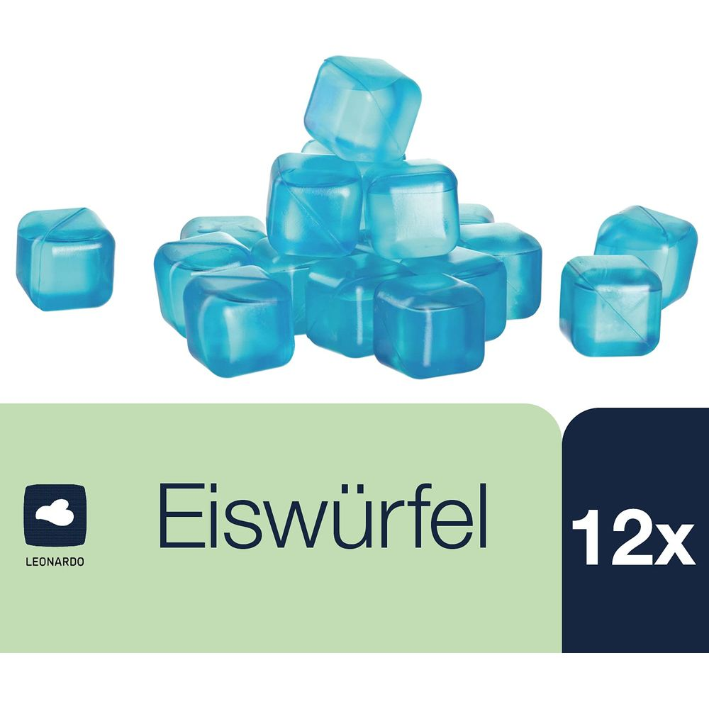 Cubetti di ghiaccio blu in un mucchio, con testo 'Eiswürfel 12x'
