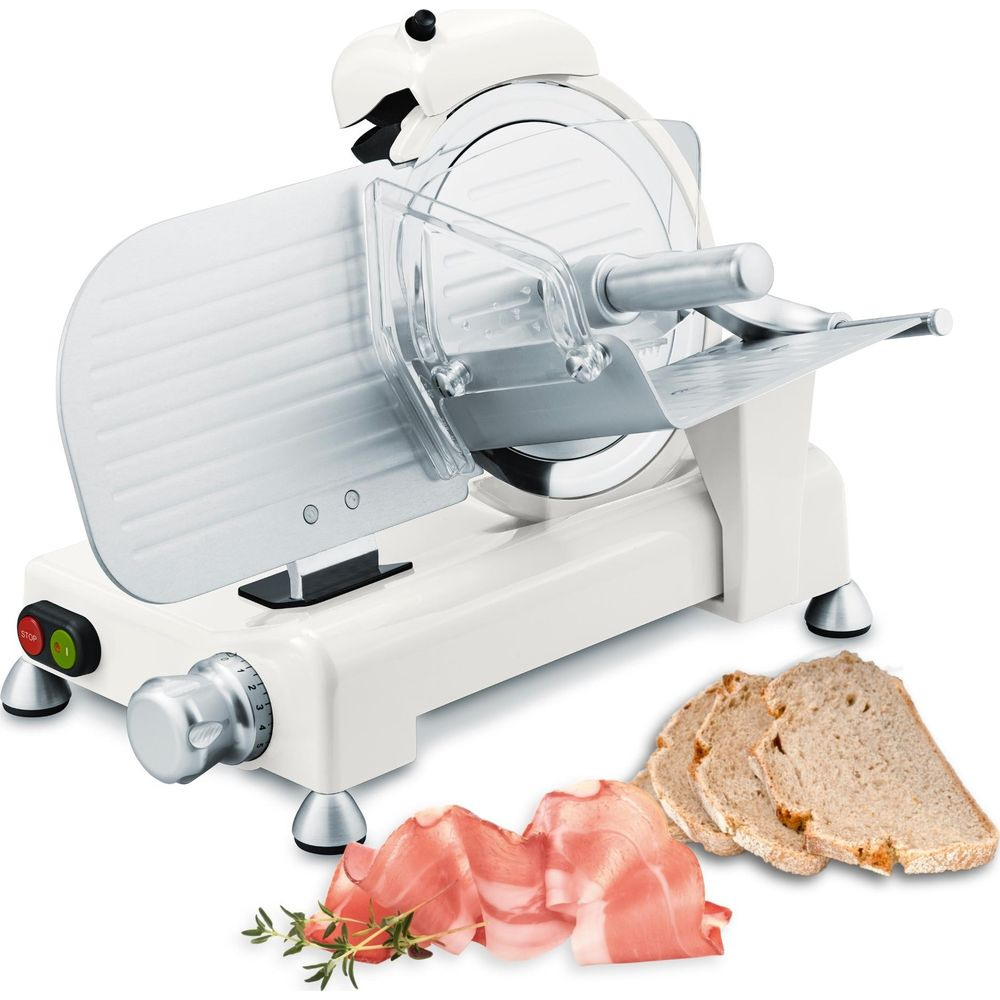 Weiße Aufschnittmaschine mit Fleisch und Brotscheiben.