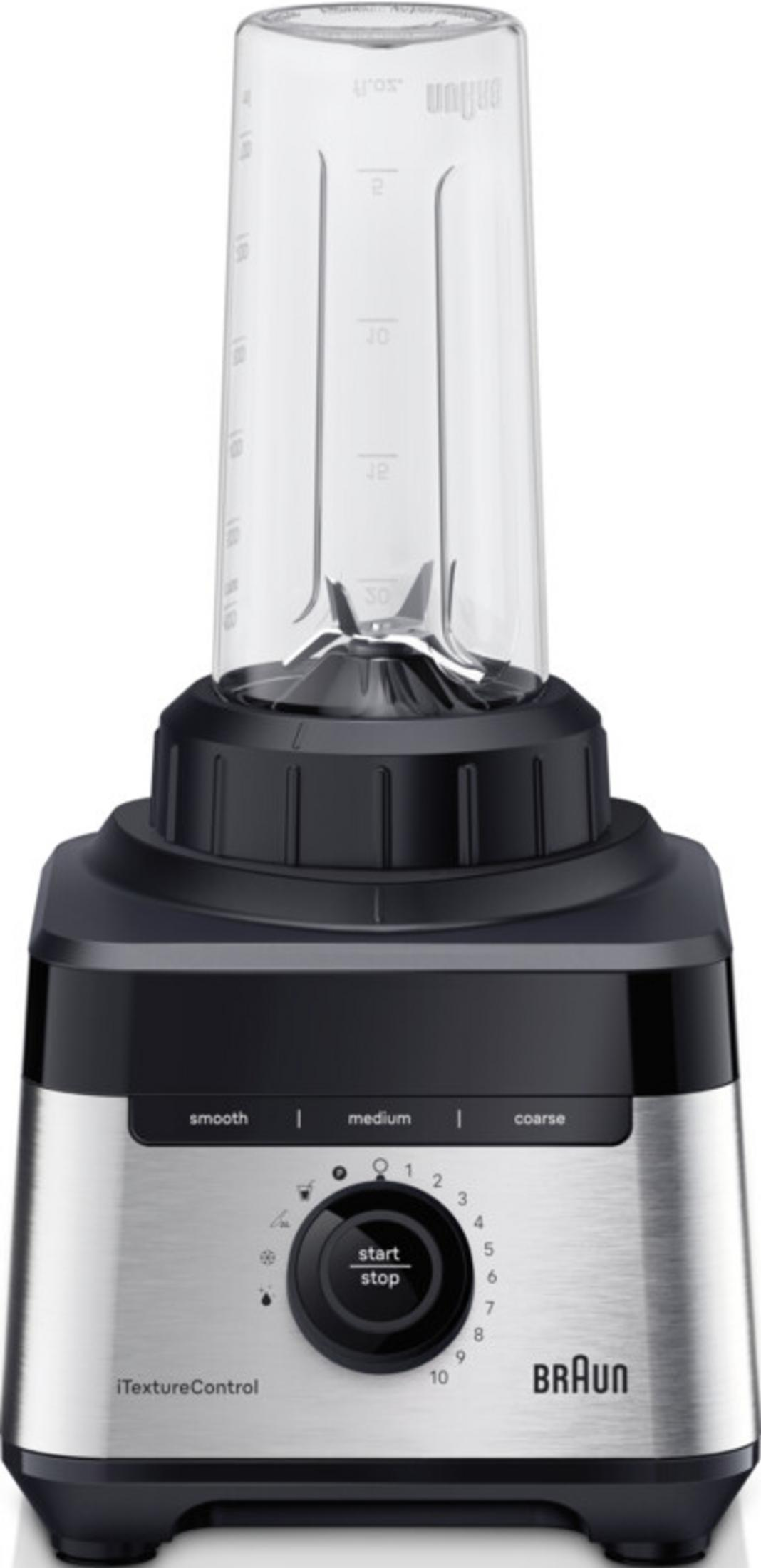 Ein silberner Braun Standmixer mit schwarzem Sockel und Deckel.