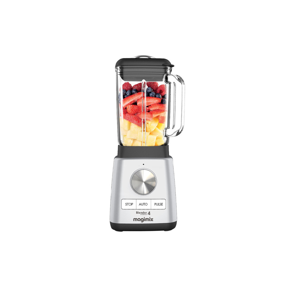 Ein silberner Mixer mit Obstschale, gefüllt mit Erdbeeren, Blaubeeren und Ananas.