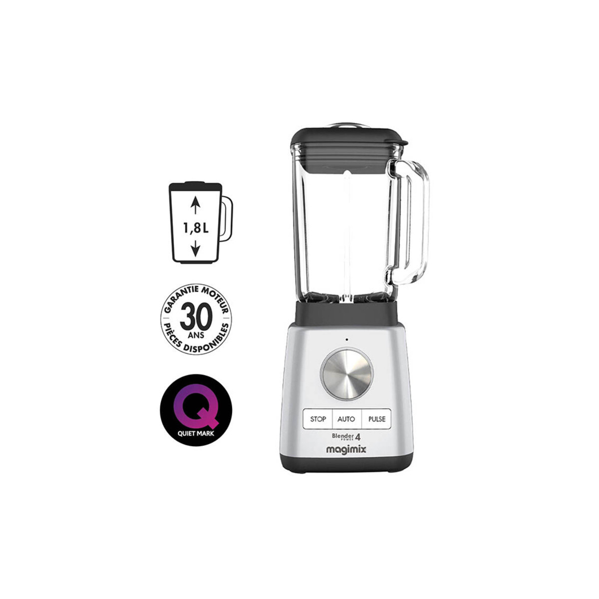 Silberner Standmixer mit Glasbehälter und Bedienfeld. 1,8 L Kapazität.