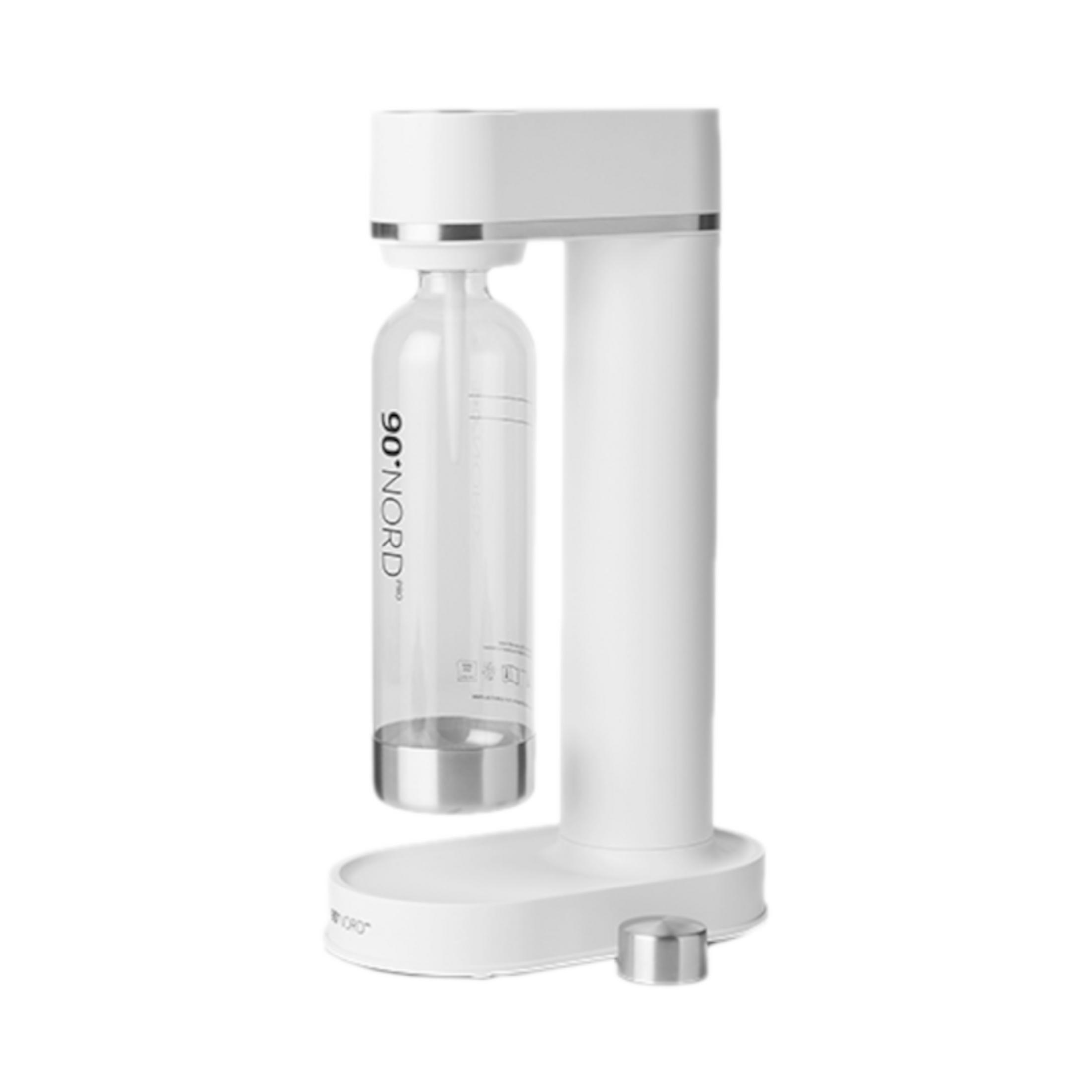 Un soda stream blanc avec une bouteille transparente et des accents argentés.