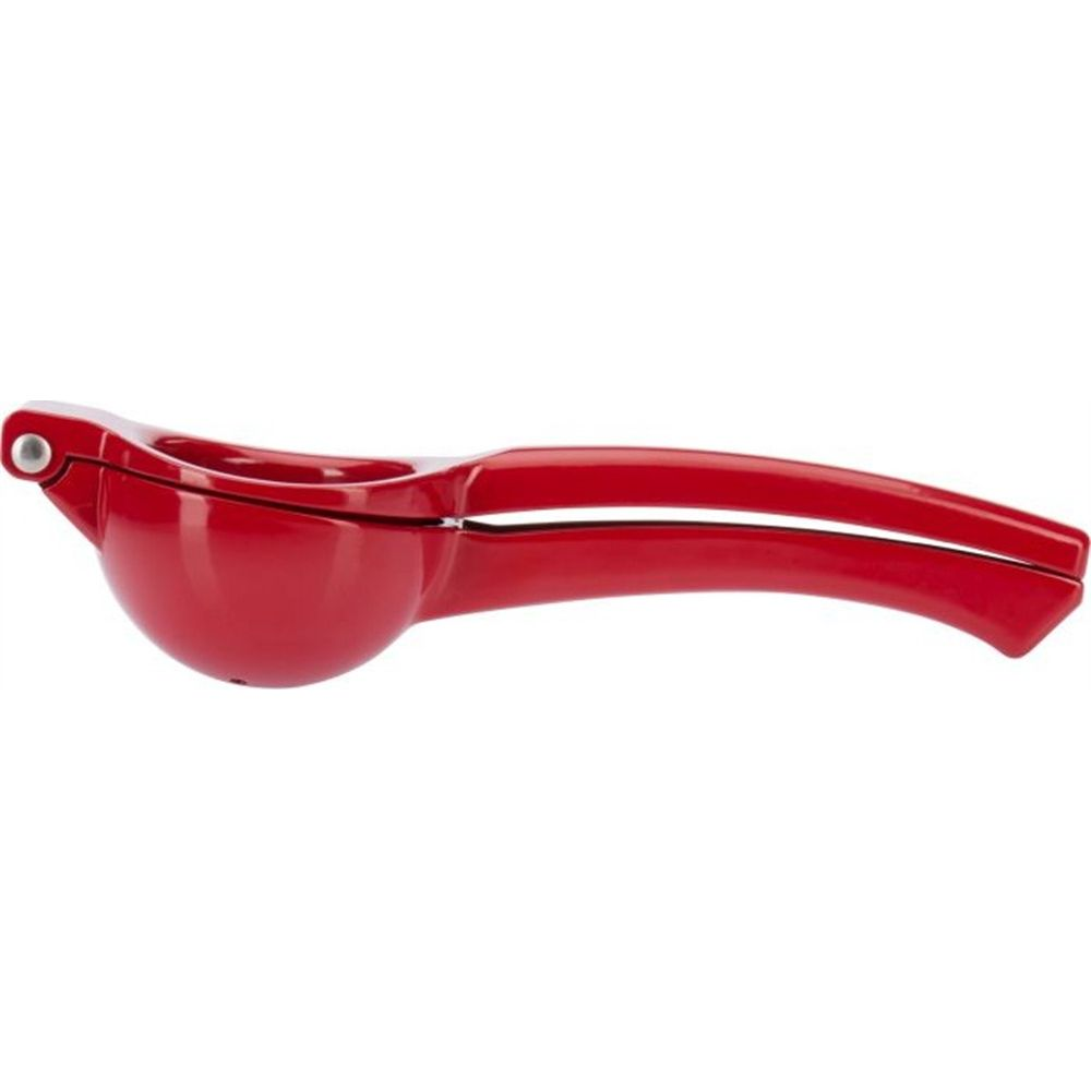 Ein roter Zitruspresse-Entsafter mit Griffen, liegend auf weißem Hintergrund.