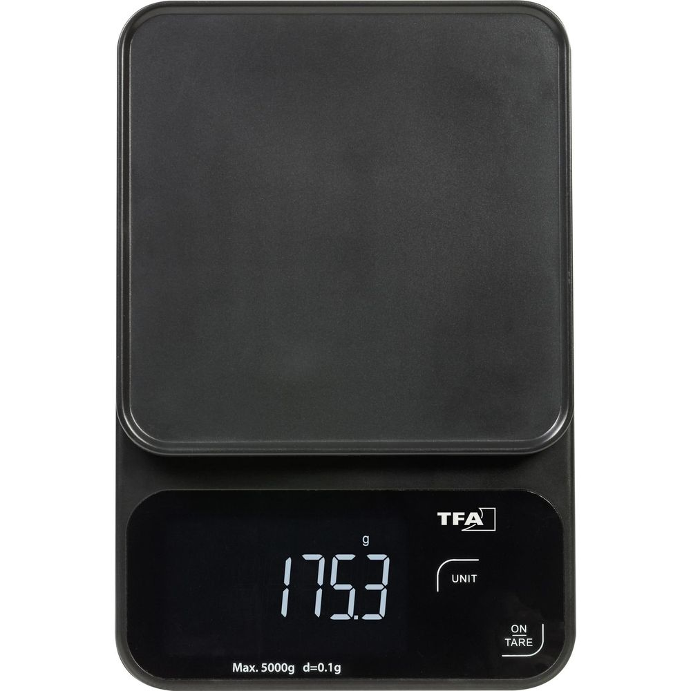Eine schwarze digitale Küchenwaage zeigt 175,3 Gramm an. Max. Kapazität 5000g, d=0,1g.