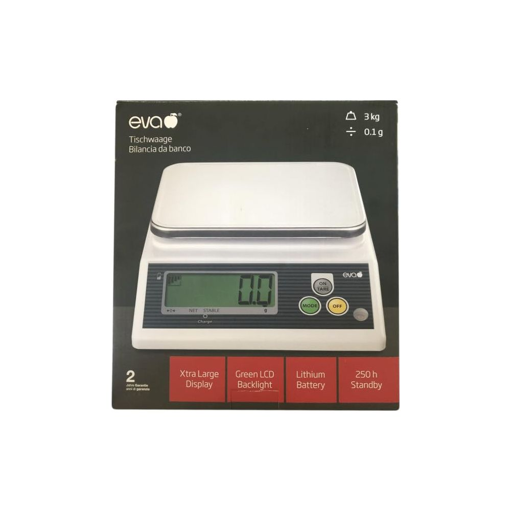 Una bilancia da cucina bianca con display digitale che mostra 0,0g.