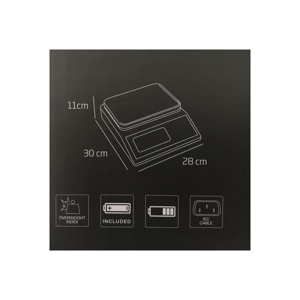 Una bilancia digitale con dimensioni: 11cm A, 30cm L, 28cm P. Include indice sovrappeso, batteria.