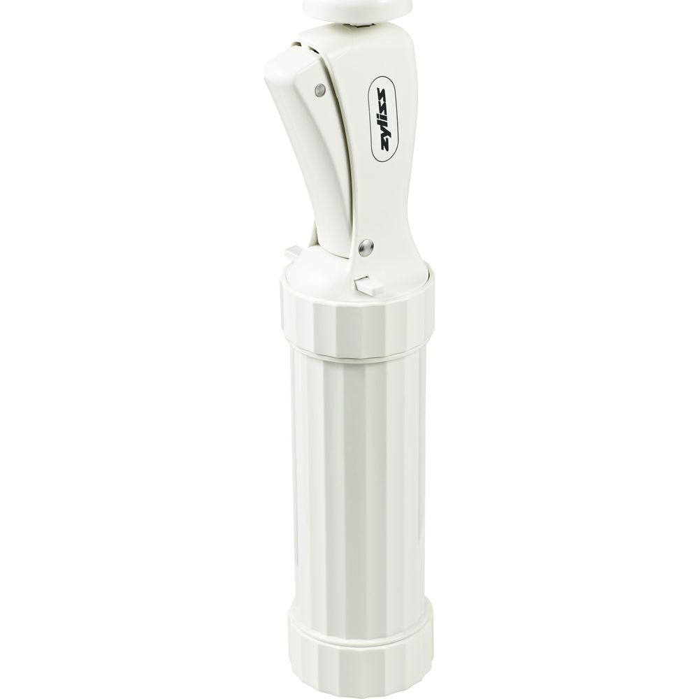 Un gadget de cuisine Zyliss blanc avec un cylindre côtelé et une poignée à levier.