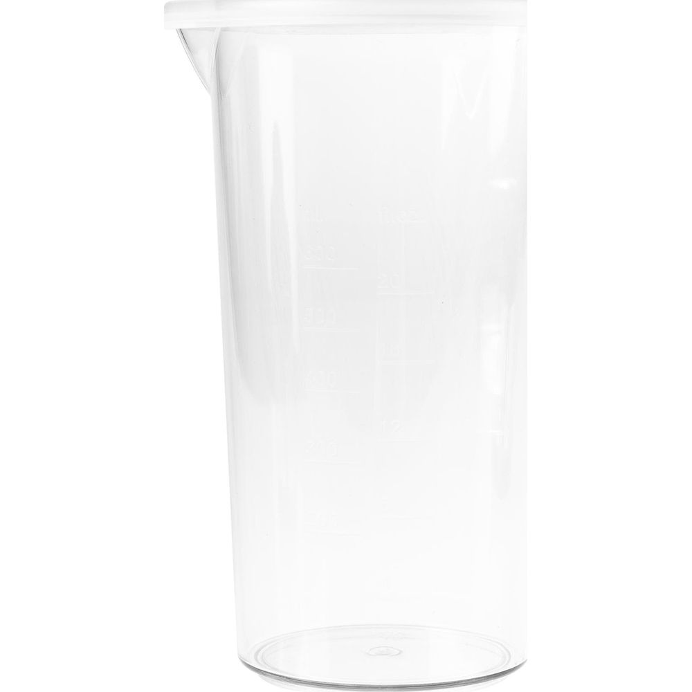 Un gobelet mesureur transparent avec des marques sur le côté.