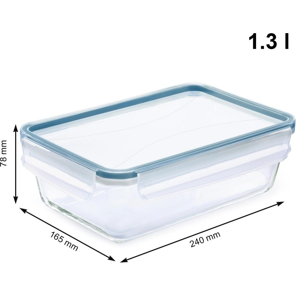 Contenitore in vetro trasparente con coperchio blu, 240x165x78mm, 1.3L.