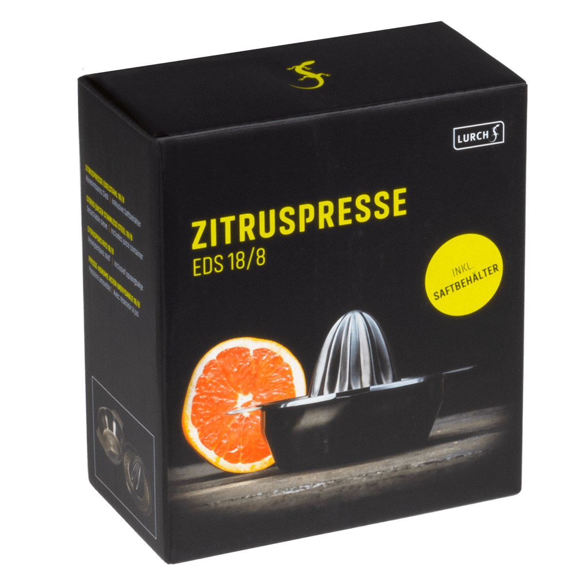 Confezione nera di spremiagrumi con pompelmo e spremiagrumi.