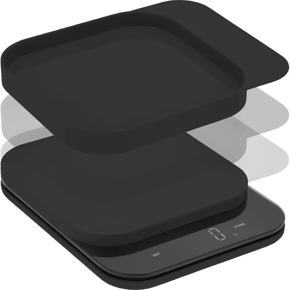 Eine schwarze digitale Küchenwaage mit einer abnehmbaren Schale.