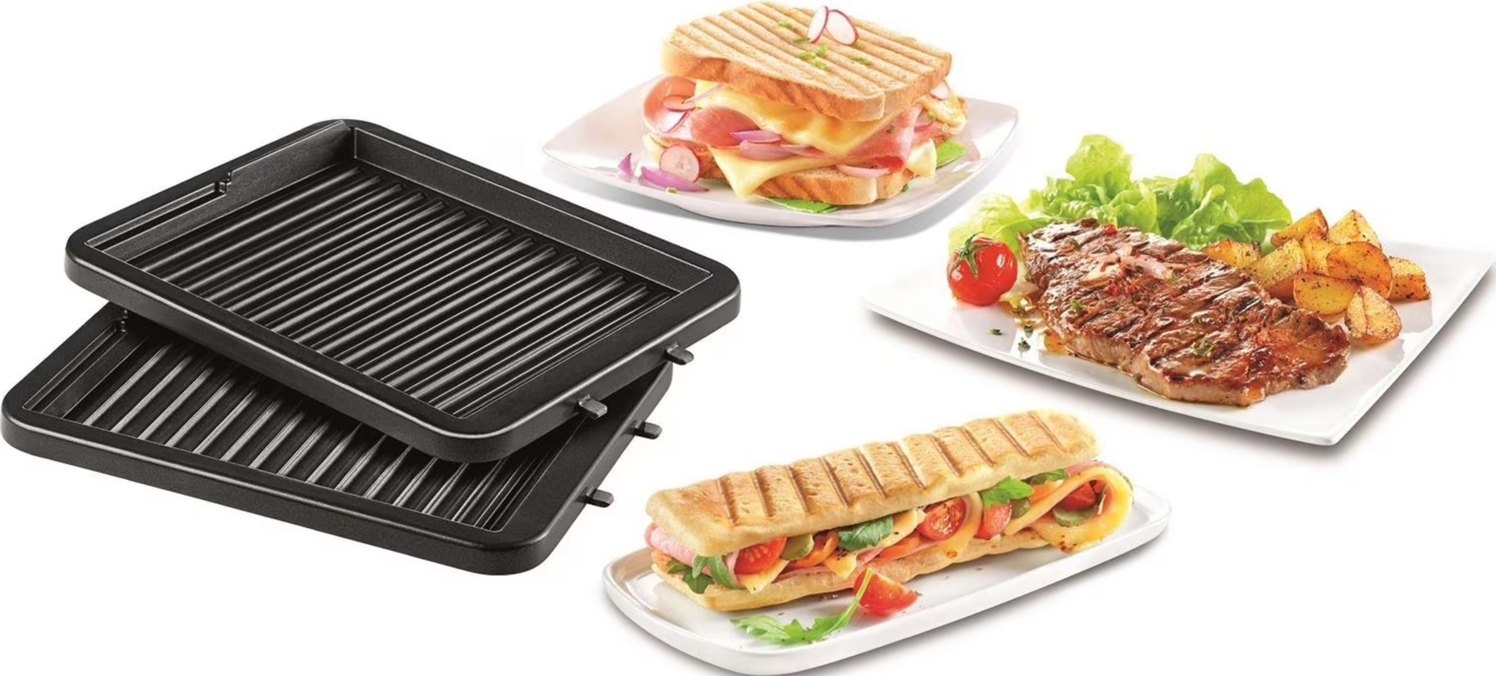 Grillplatten mit gegrilltem Steak, Pommes, Sandwich und Panini.