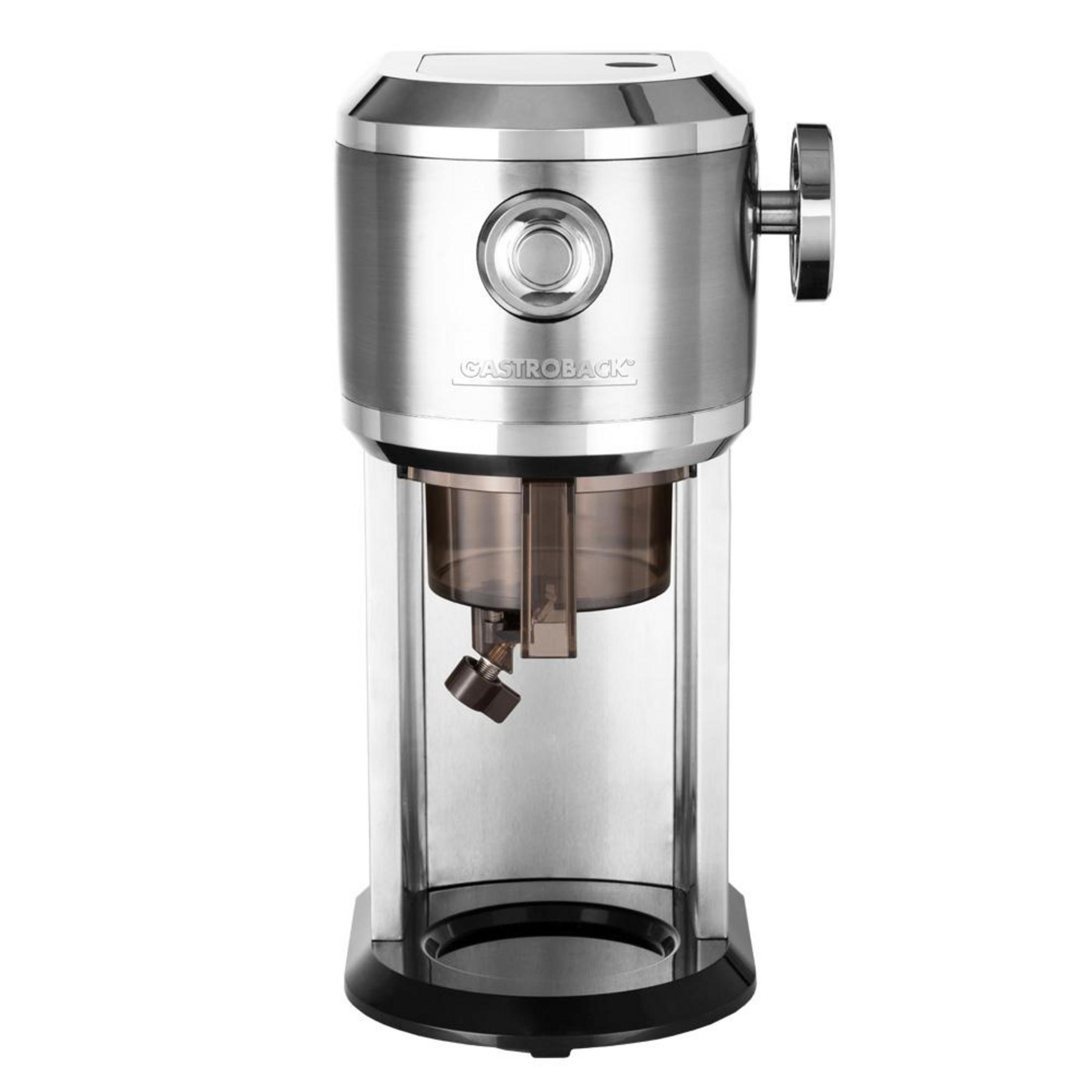 Macinacaffè in acciaio inox con contenitore in vetro e manopola. Logo Gastroback in alto.