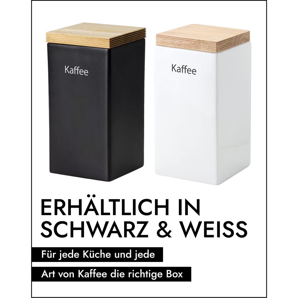 Zwei Kaffeedosen, schwarz und weiß, mit Holzdeckeln. Erhältlich in Schwarz & Weiß.