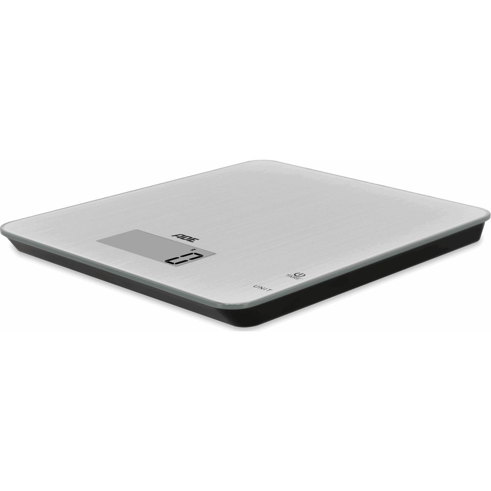 Bilancia da cucina argentata con bordo nero e display digitale che mostra zero.