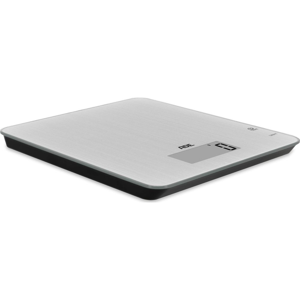 Una bilancia da cucina digitale argentata con bordo e display neri.