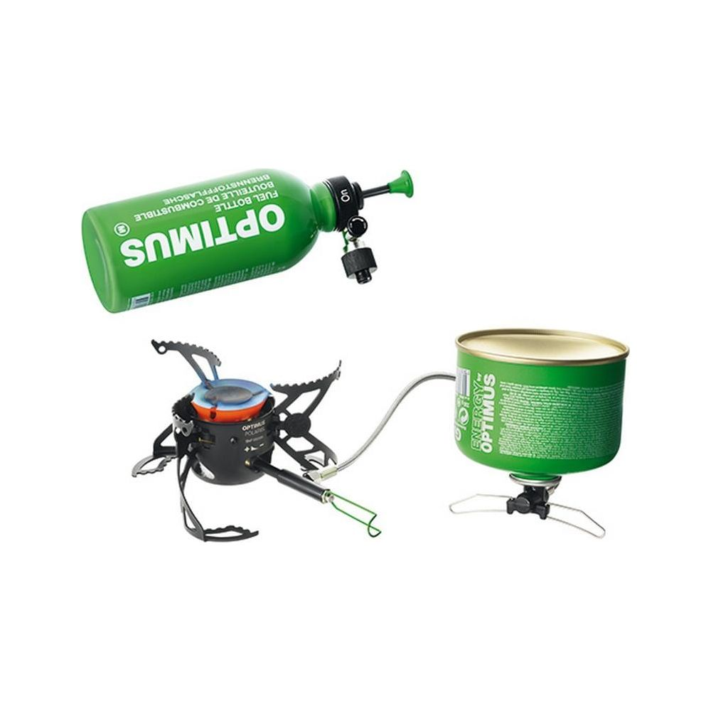 Une bouteille de carburant verte Optimus et un réchaud avec un bidon de carburant vert.