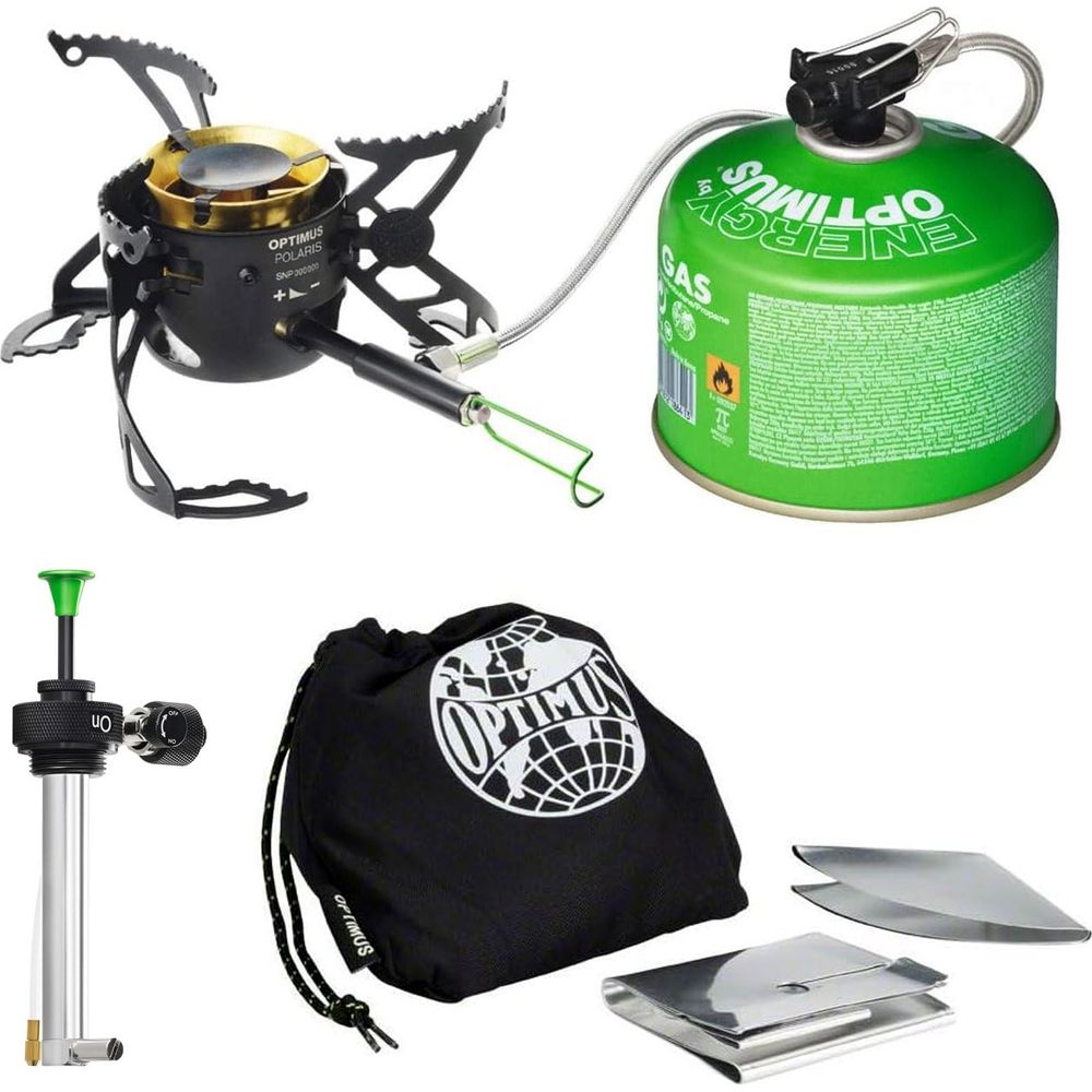 Ensemble réchaud de camping avec bouteille de gaz, pompe, sac et pare-vent.