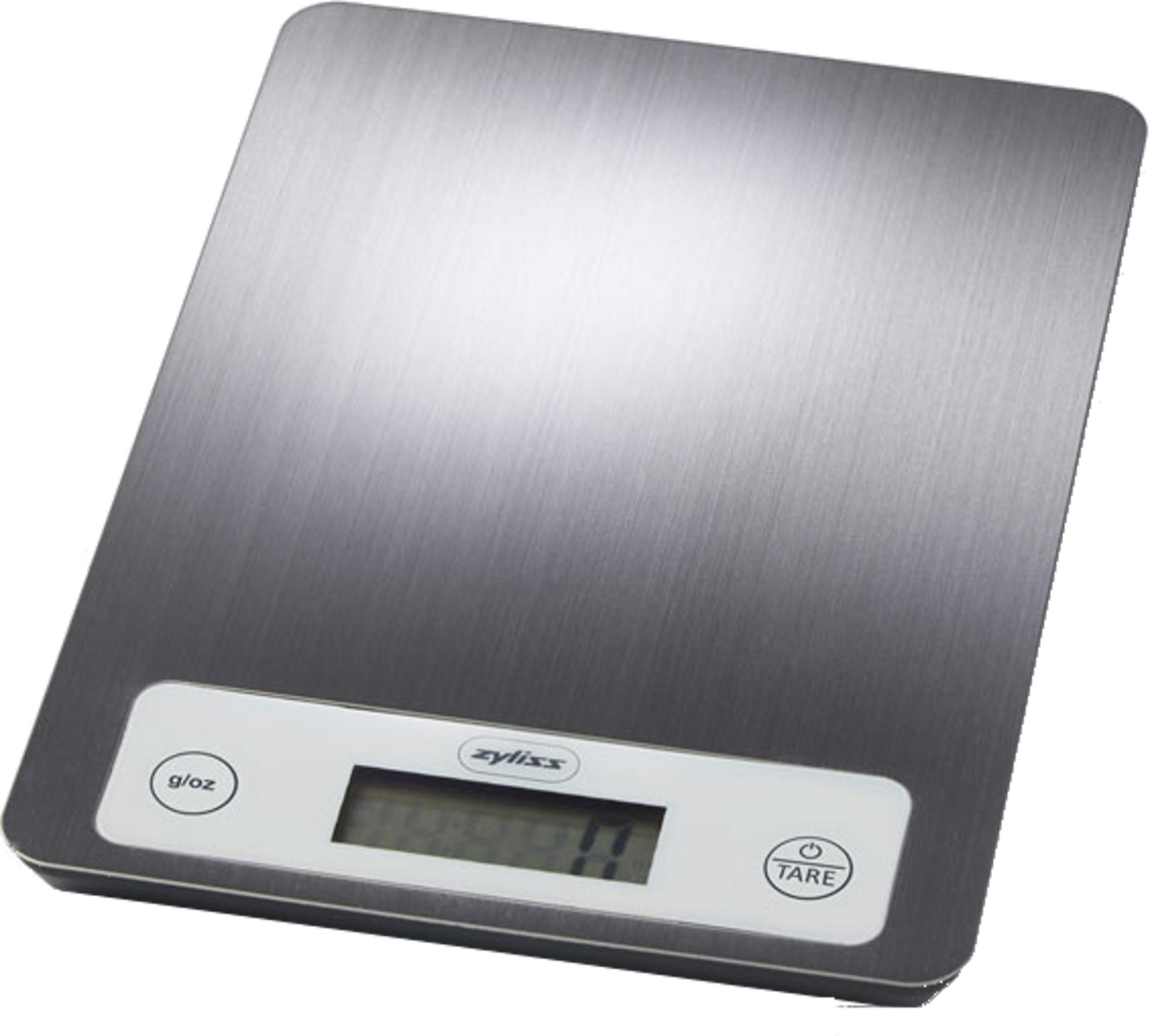 Eine digitale Küchenwaage aus gebürstetem Metall mit einem weißen Bedienfeld.