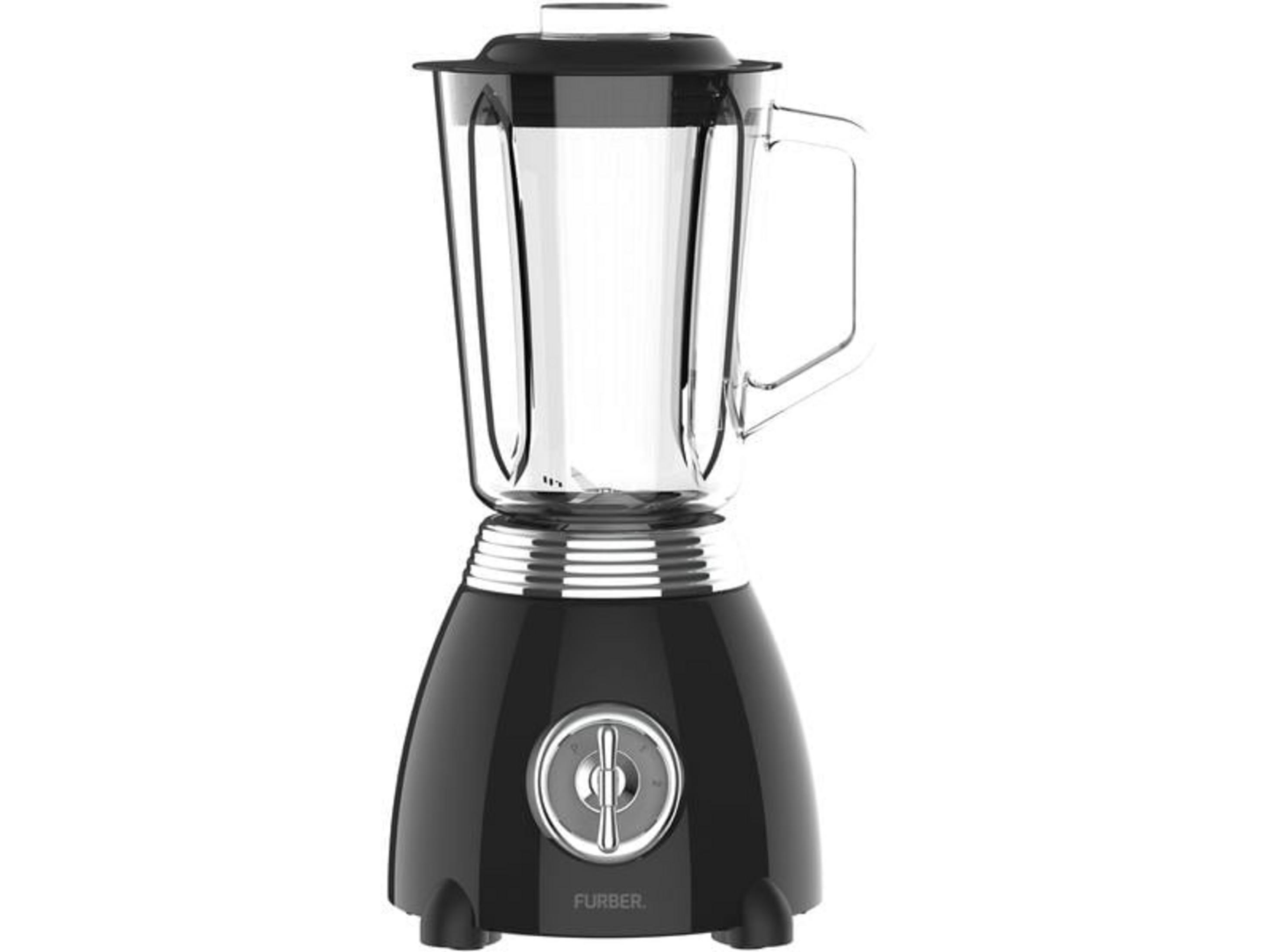 Un frullatore nero con caraffa in vetro e accenti argentati.