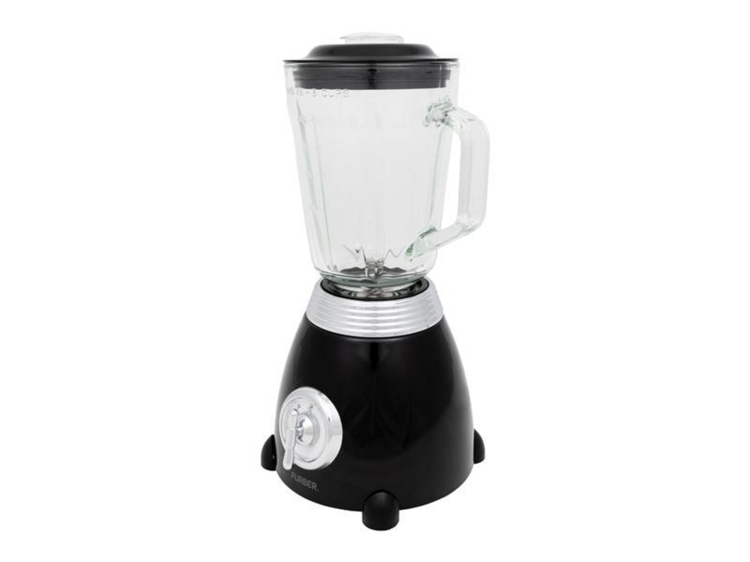 Un frullatore nero con caraffa in vetro e dettagli argentati.