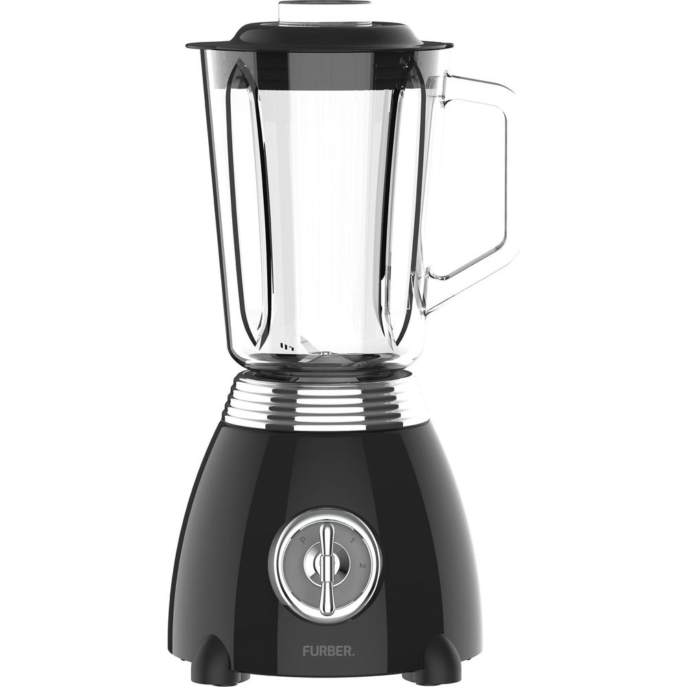 Un frullatore nero retrò con caraffa in vetro e accenti argentati.