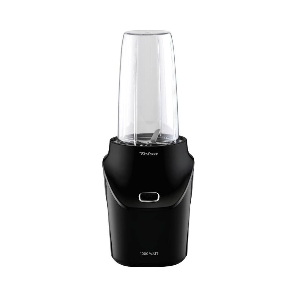 Schwarzer Mixer mit transparentem Behälter und silbernen Klingen. Aufschrift "Trisa".