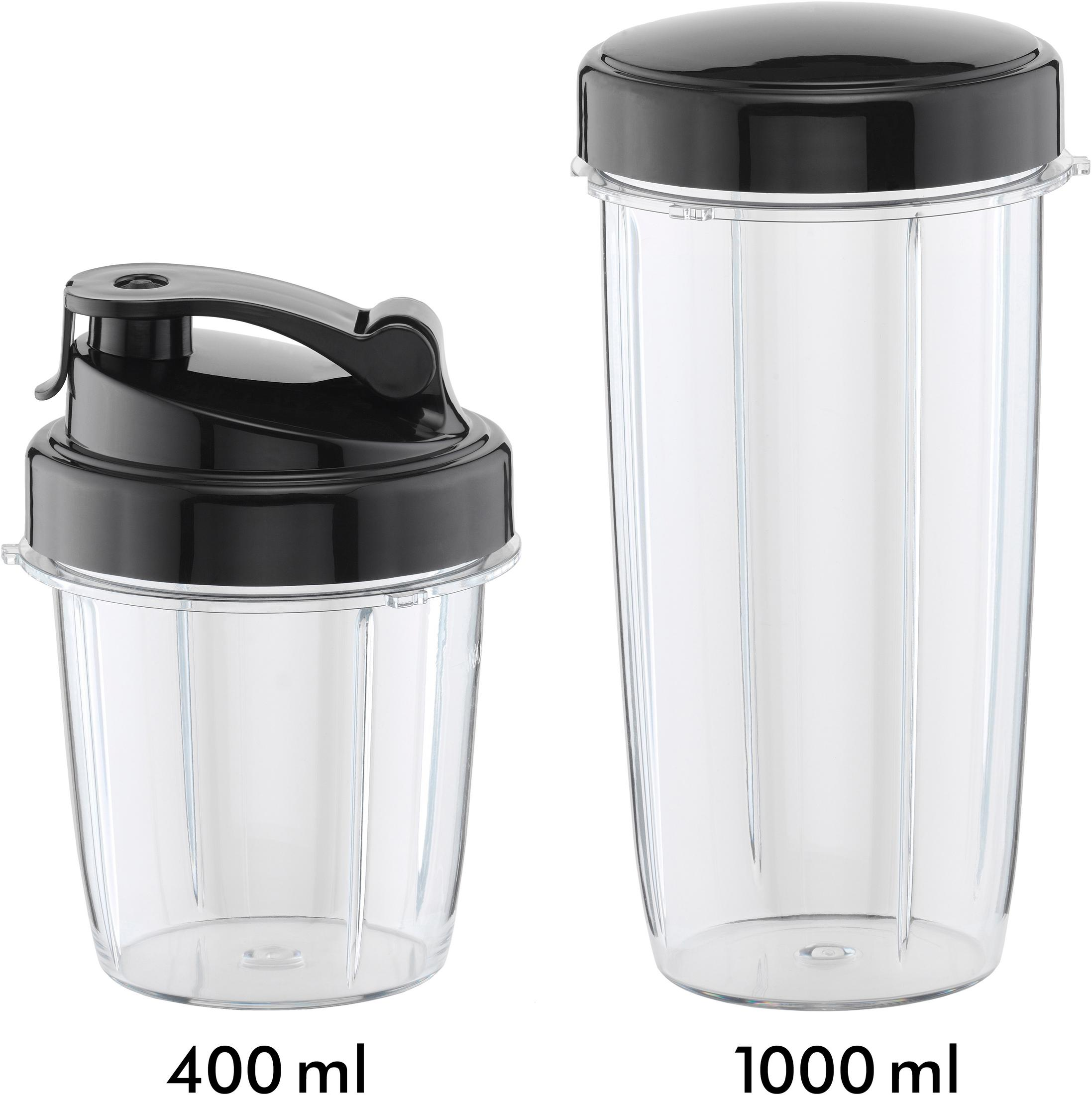 Zwei transparente Mixbecher, 400ml und 1000ml, mit schwarzen Deckeln.