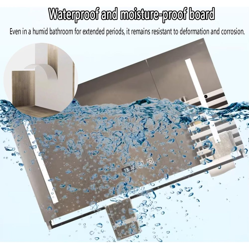 Un miroir de salle de bain avec horloge intégrée est éclaboussé d'eau.