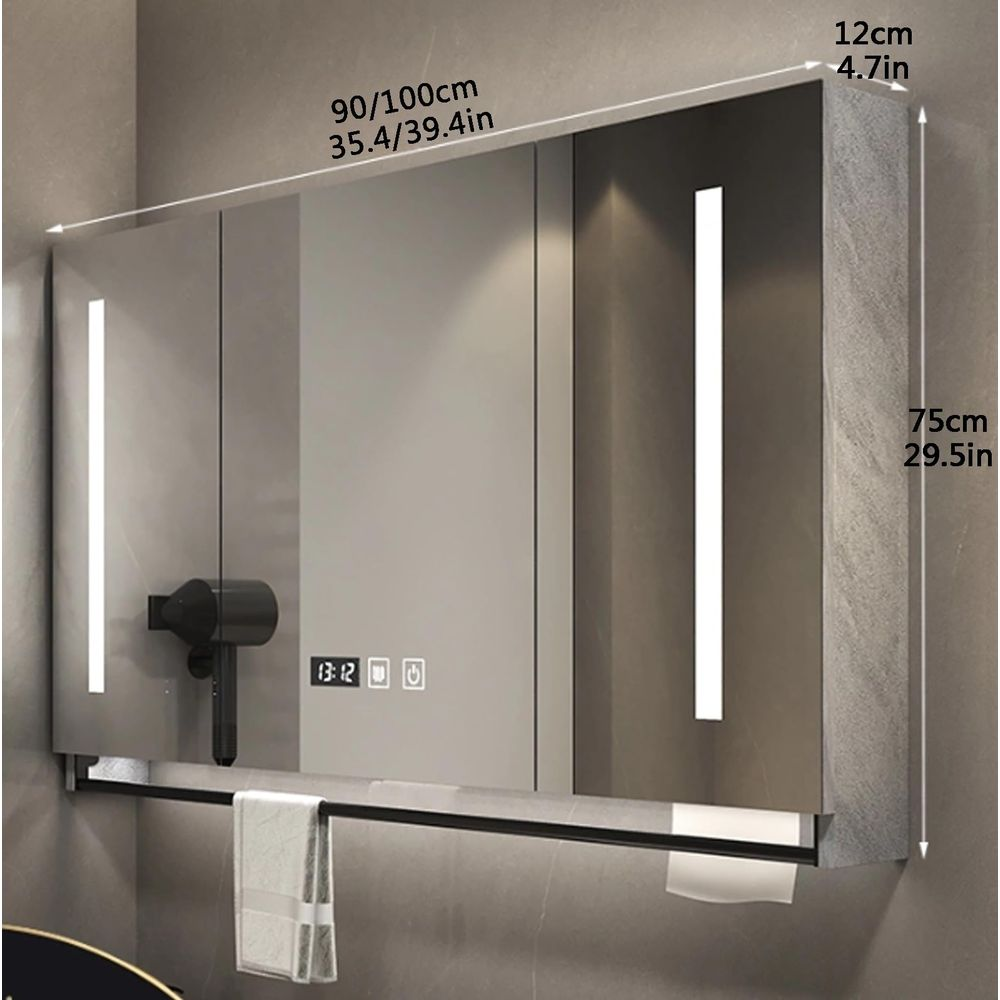 Armoire miroir moderne avec fclairage, horloge et seche-cheveux.