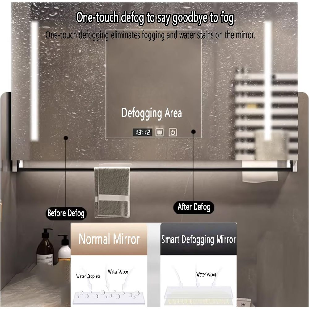 Un miroir avec zone antibuée et horloge, montrant un miroir normal avec des gouttelettes d'eau.