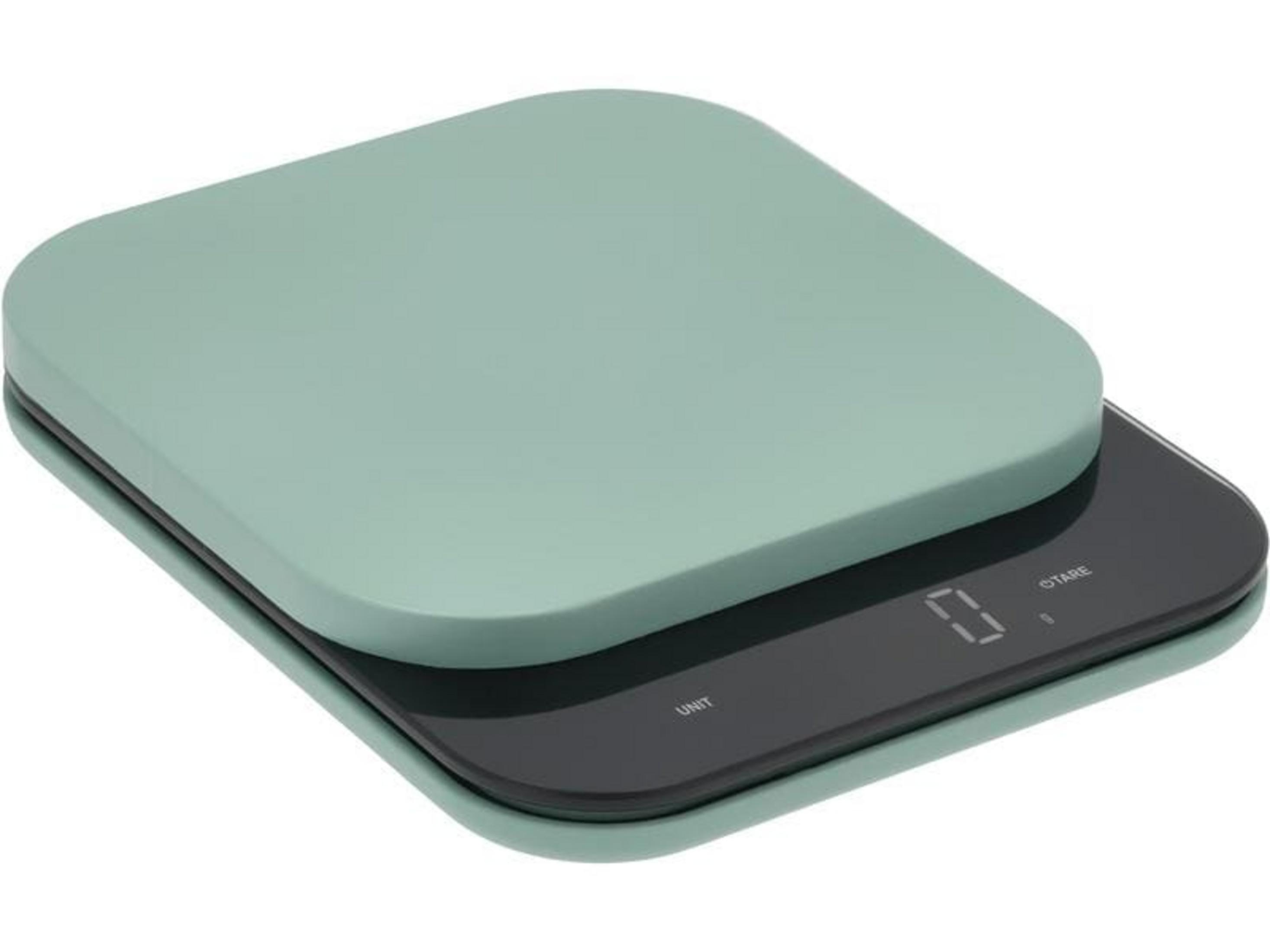 Bilancia da cucina verde chiaro con display digitale e base nera.