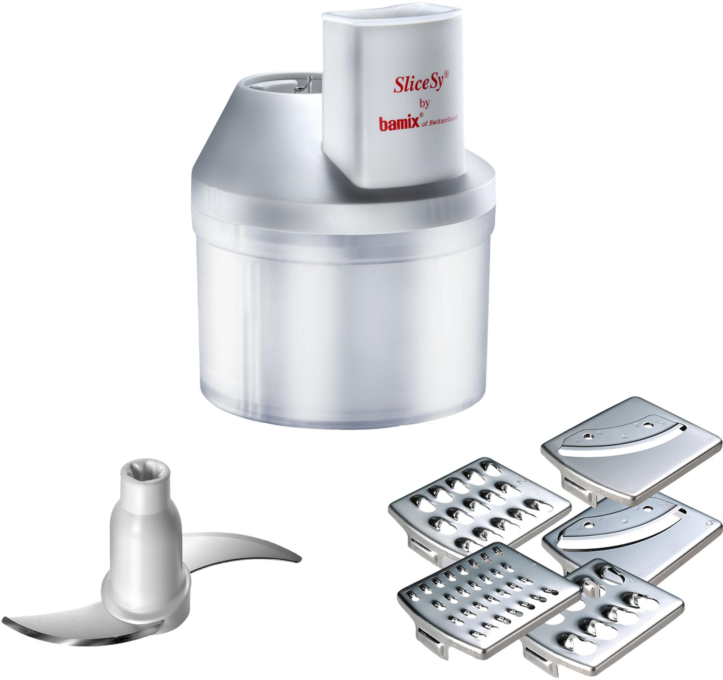 Un accessoire de mixeur blanc avec accessoires : lames et disques.