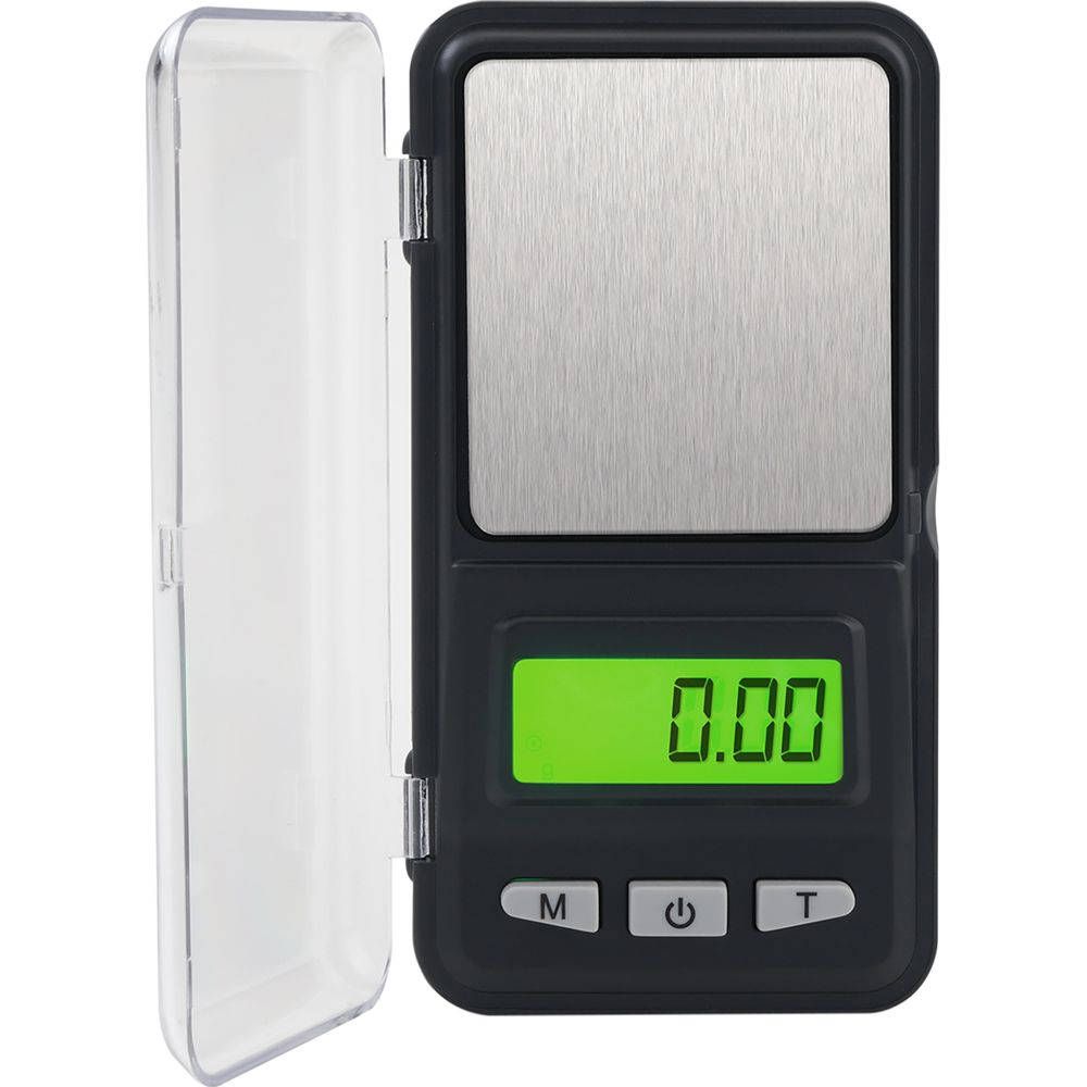 Kompakte Waage mit silberner Wiegefläche und grünem Display, das 0.00 anzeigt.