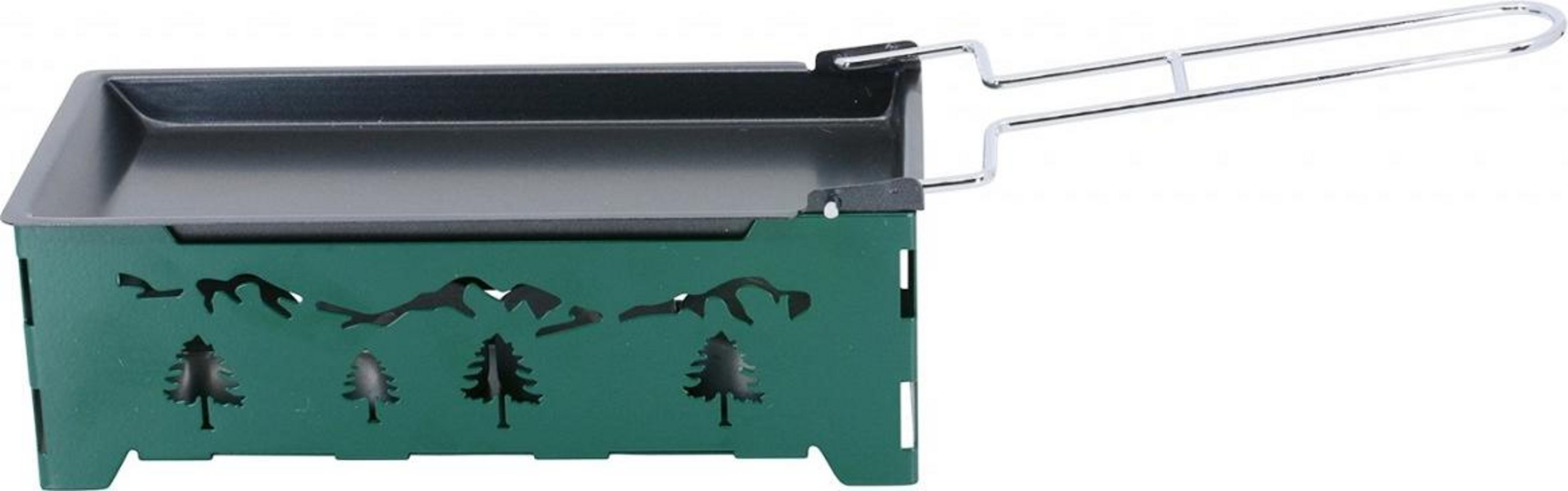 Ein grüner Grill mit Berg- und Baum-Ausschnitten und einem Metallgriff.
