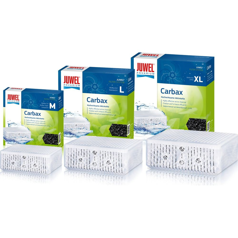 Juvel Carbax Aquarium Filtermedium in verschiedenen Größen mit Verpackung.