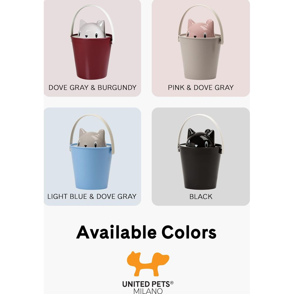 Quattro secchi con teste di gatto: bordeaux, grigio, rosa, azzurro e nero.