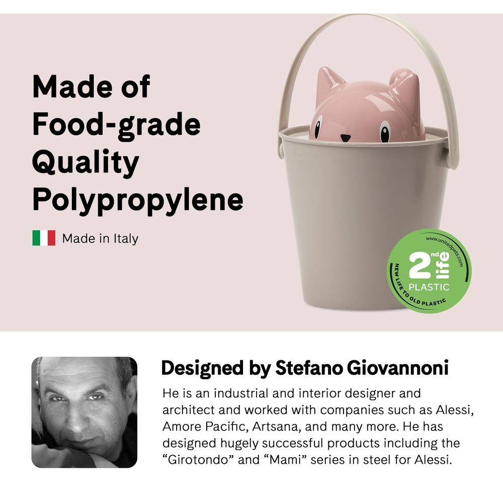 Una faccia di gatto rosa spunta da un secchio beige. Il testo descrive polipropilene per uso alimentare.
