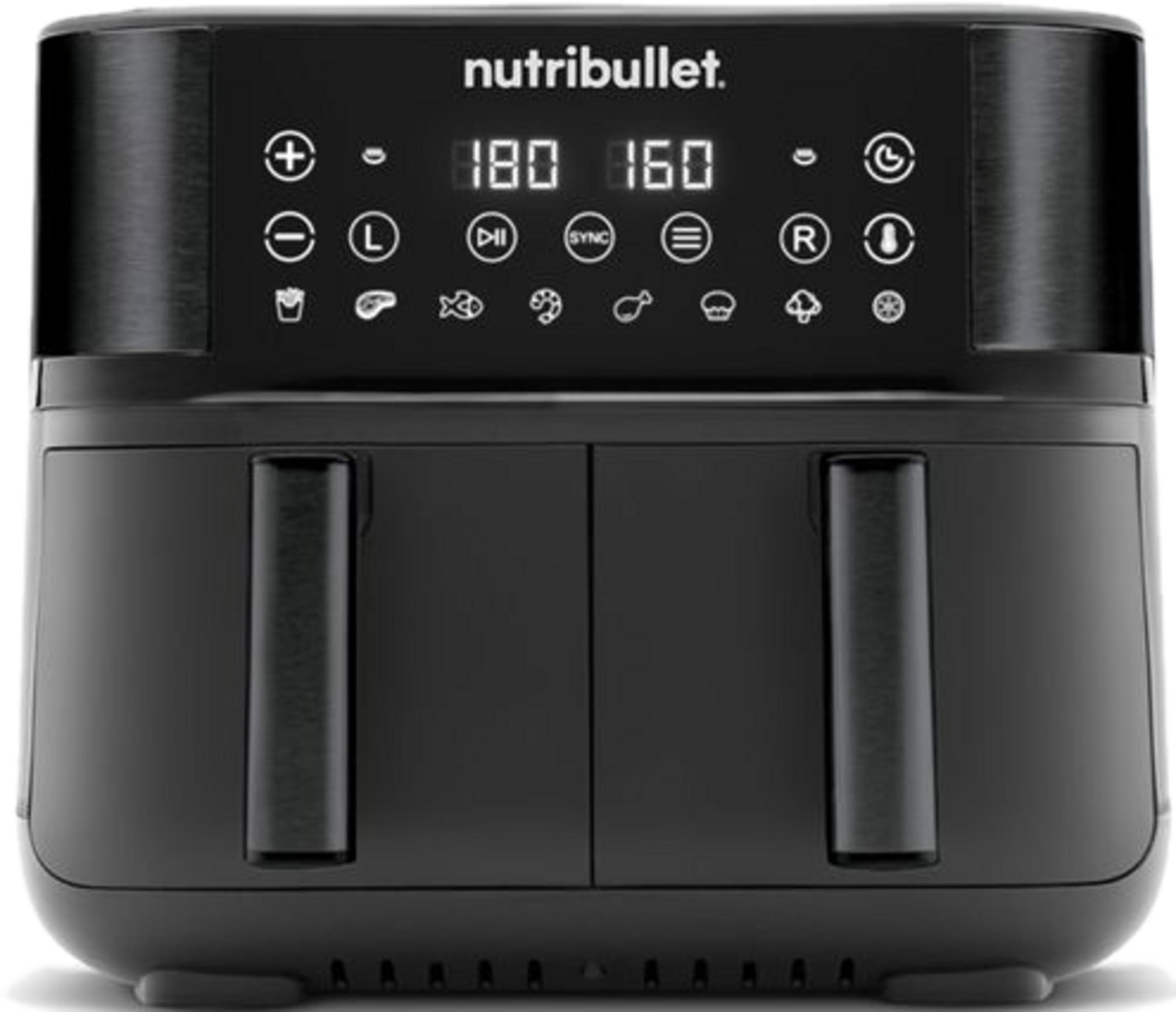 Friteuse à air Nutribullet noire à double panier avec écran numérique.