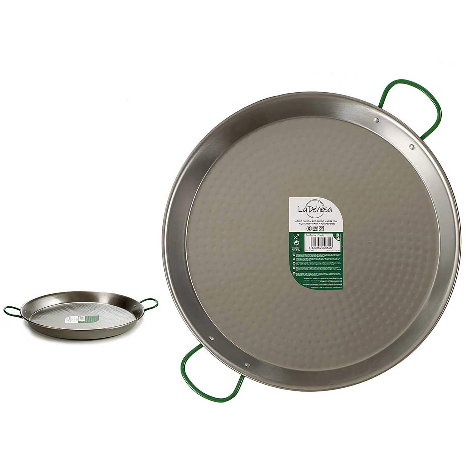 Due paelliere in acciaio lucidato con manici verdi su sfondo bianco.