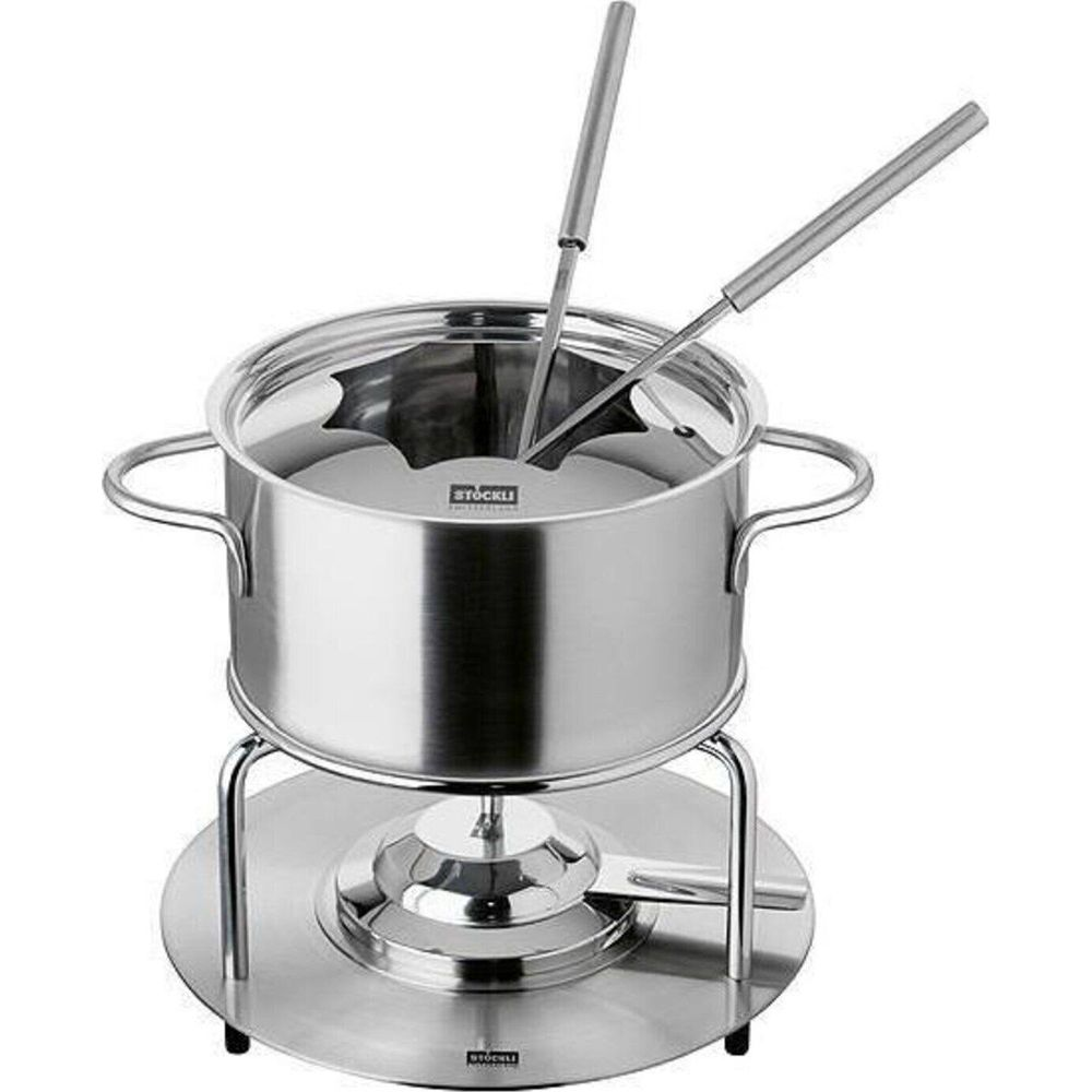Edelstahl-Fondue-Set mit Topf, Gestell und zwei Fonduegabeln.