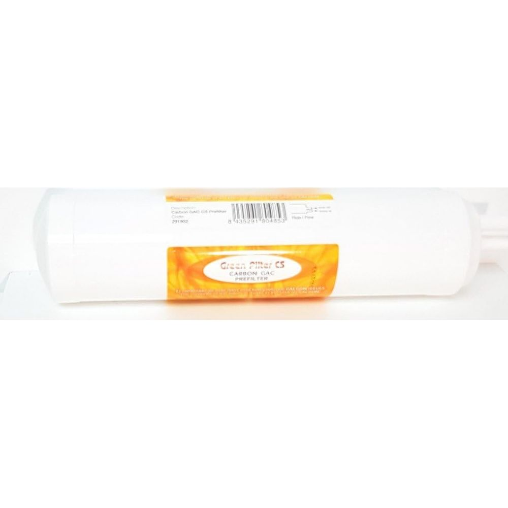 Una cartuccia filtro acqua bianca con etichetta arancione: 'Green Filter CS CARBON GAC PREFILTER'.