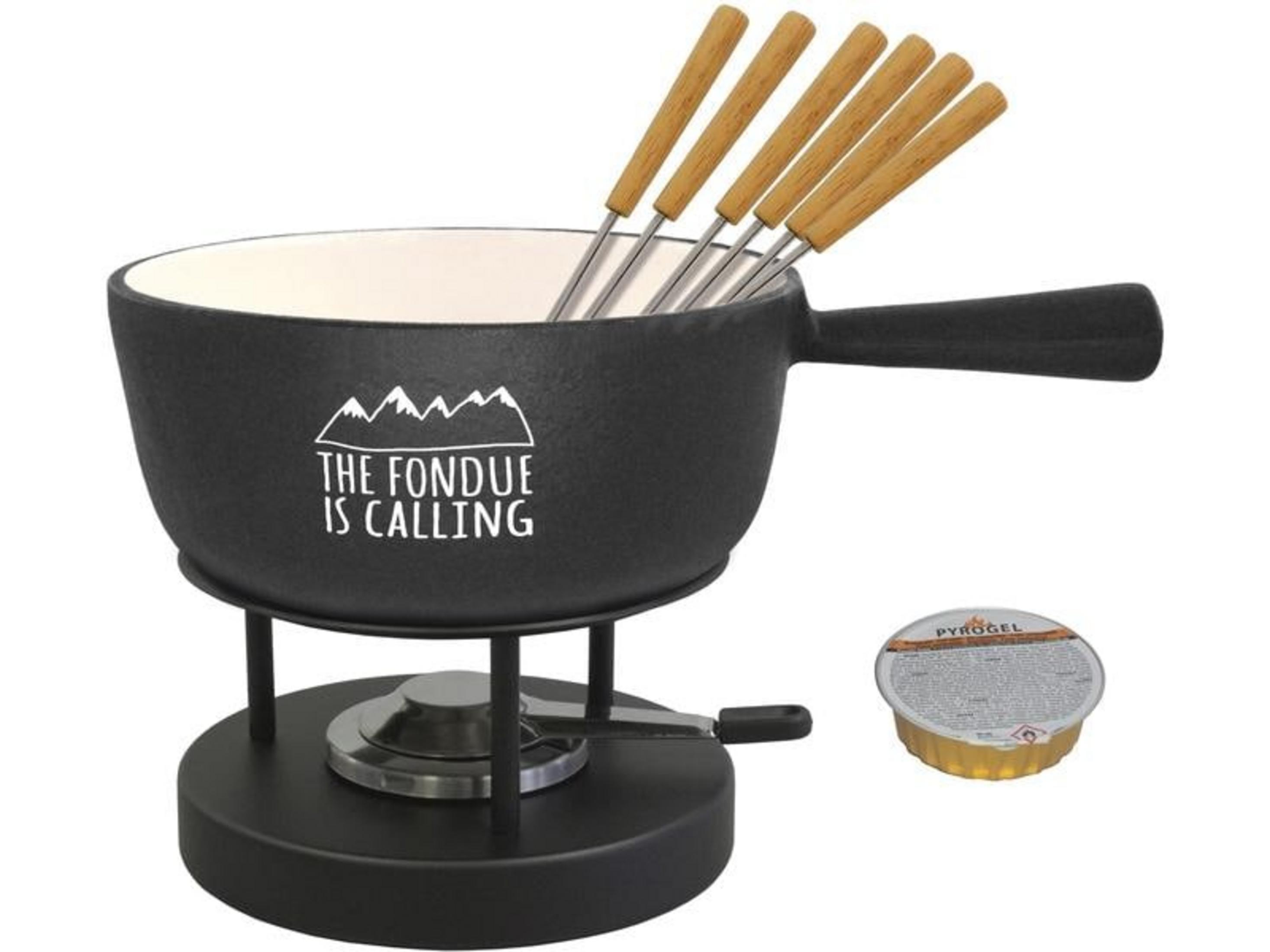 Une marmite à fondue noire avec des poignées en bois et un récipient de combustible.