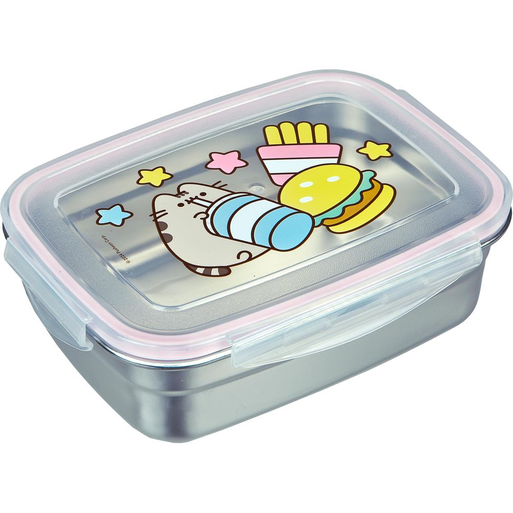 Lunchbox in acciaio inox con gatto Pusheen, hamburger, patatine e stelle sul coperchio.